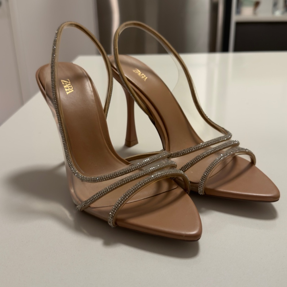 Zara Beige Strappy Heels with Rhinestones